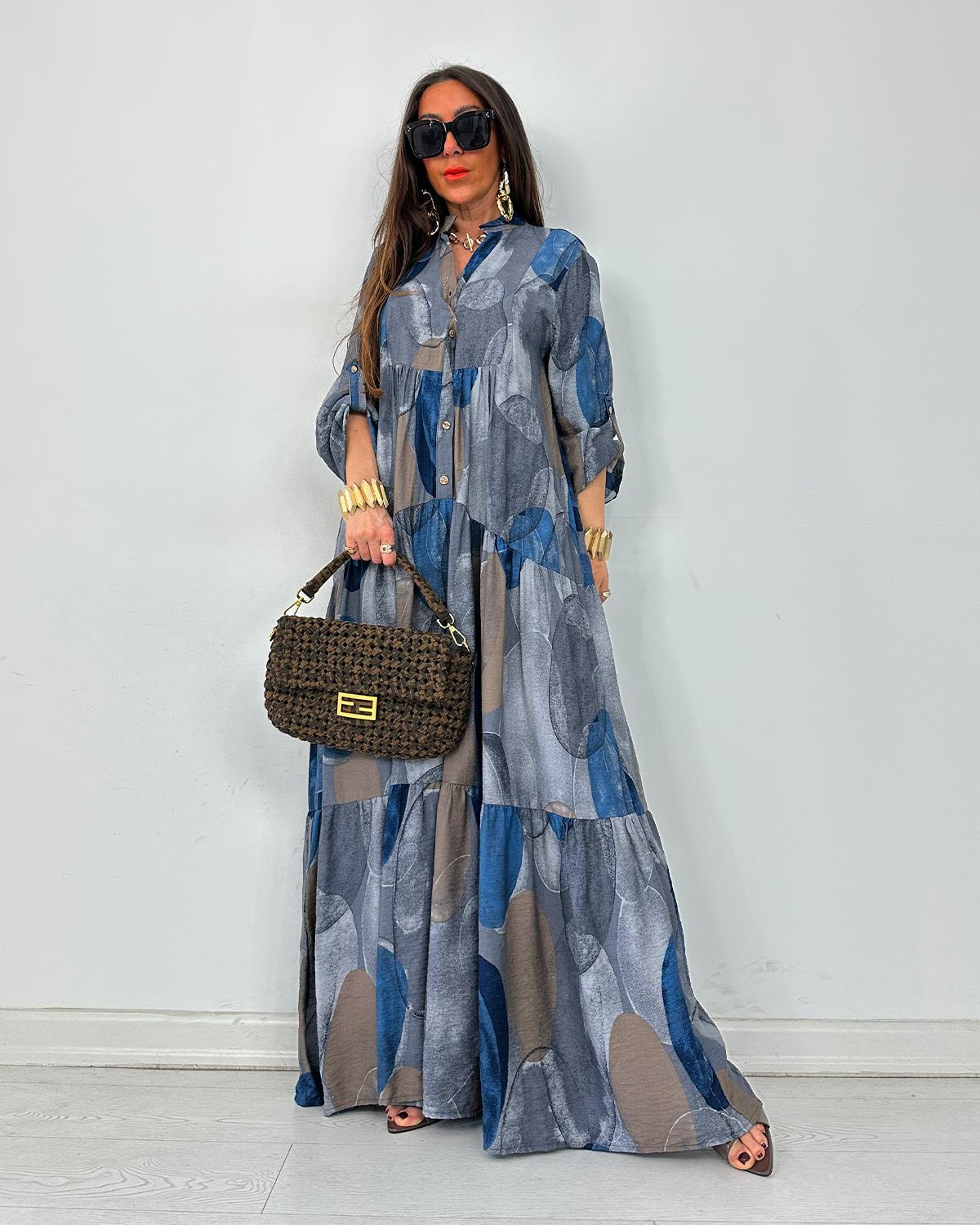 Julya Batik Elbise Gri Mavi