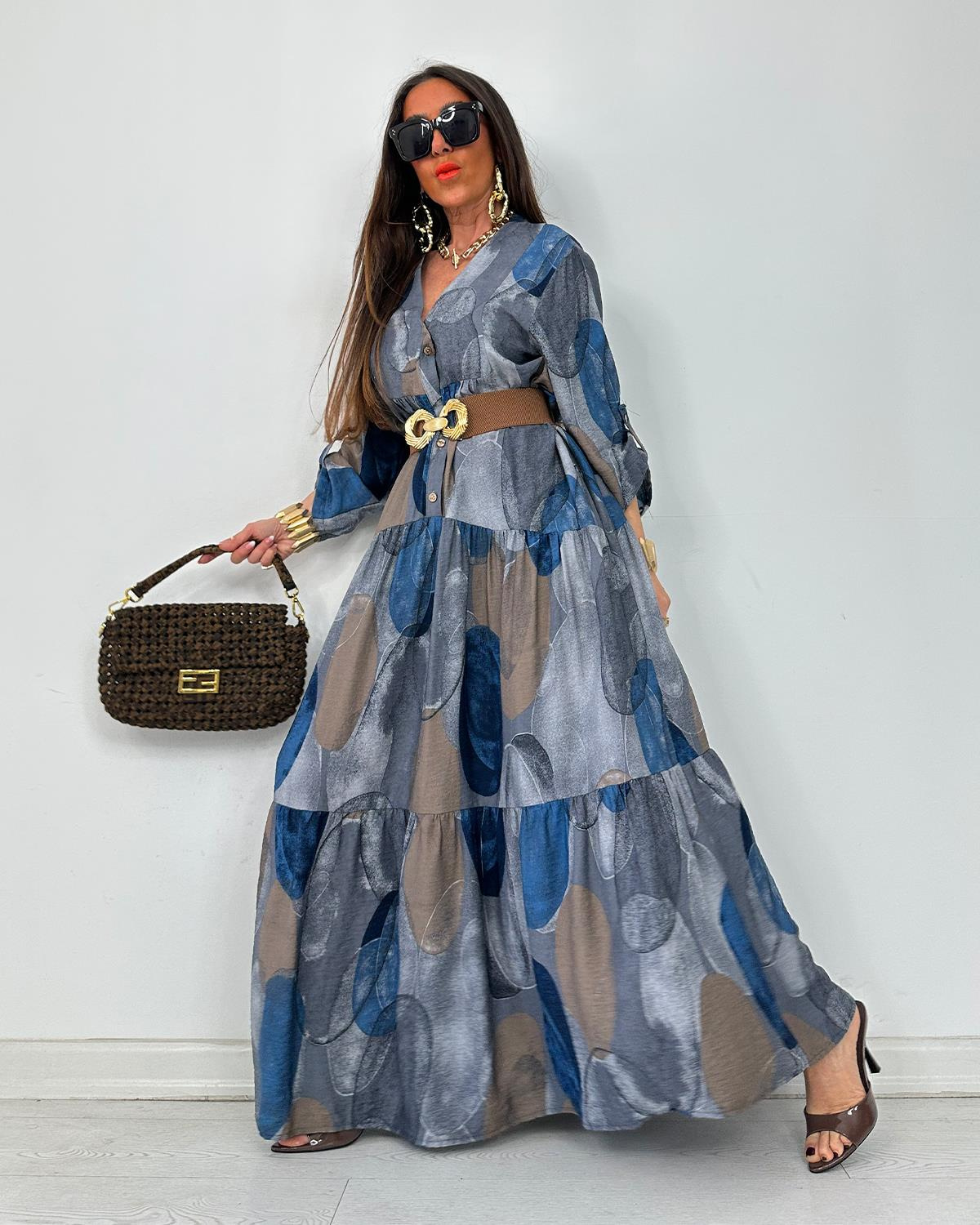 Julya Batik Elbise Gri Mavi