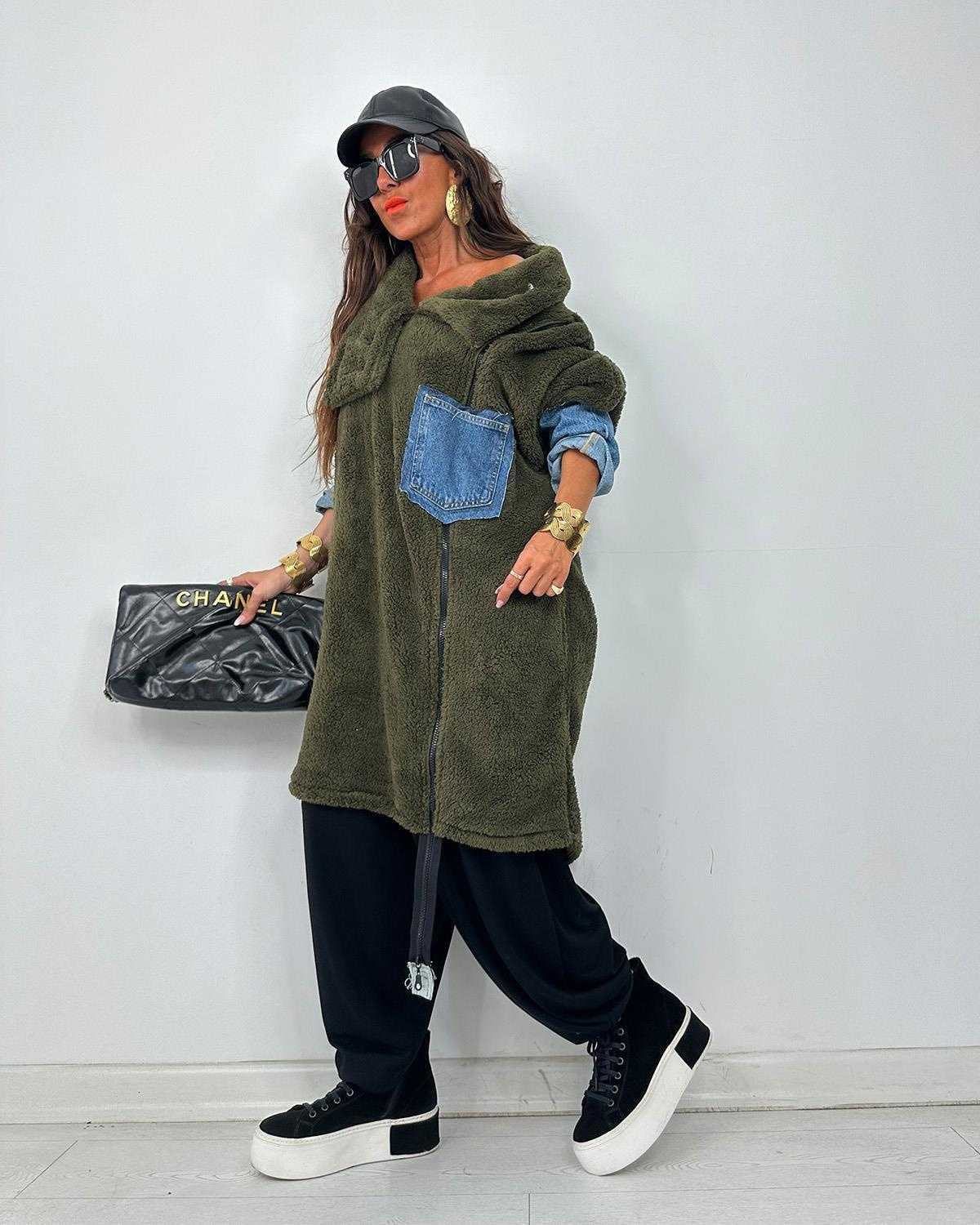 Kotlu Peluş Sweatshirt Haki