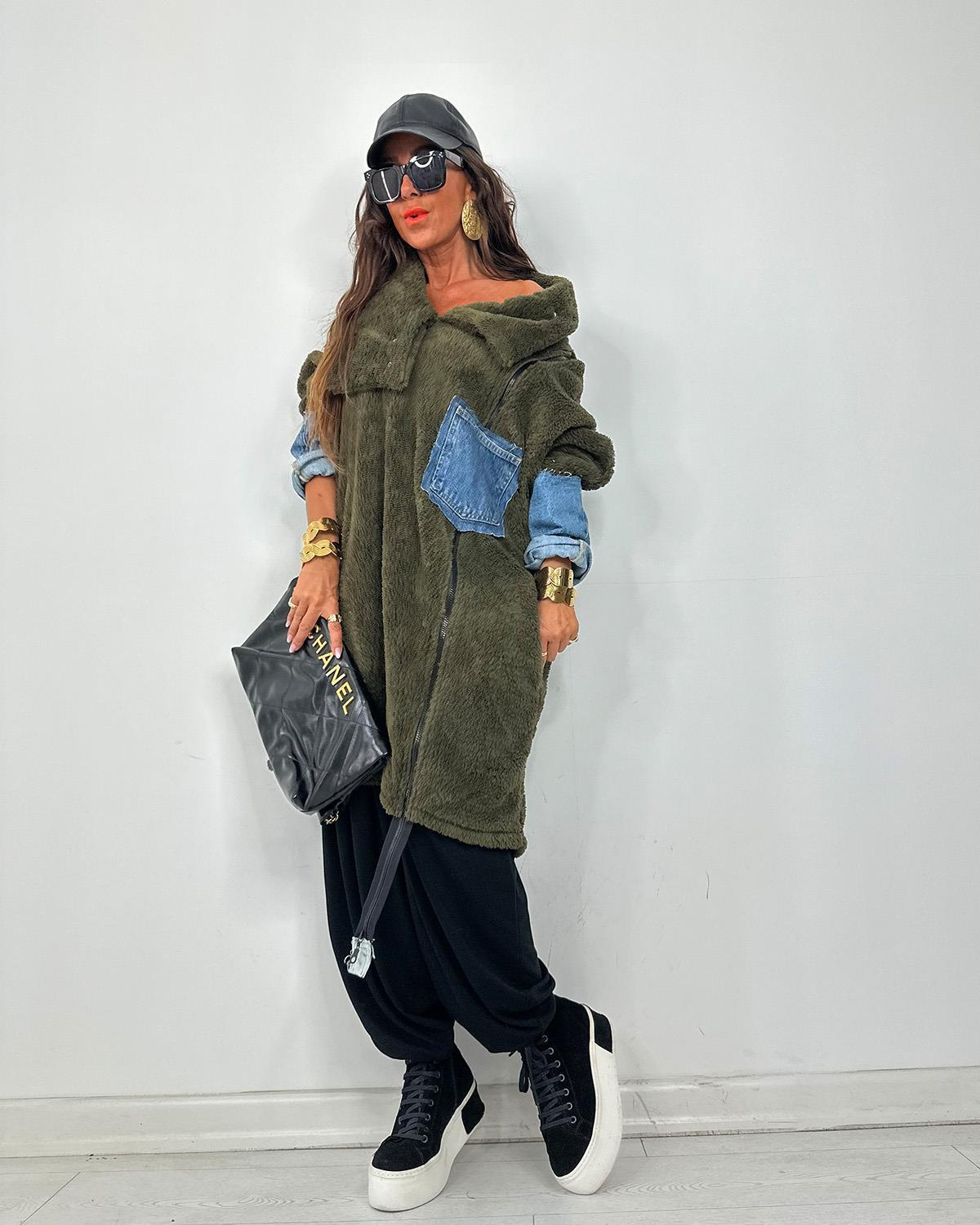 Kotlu Peluş Sweatshirt Haki