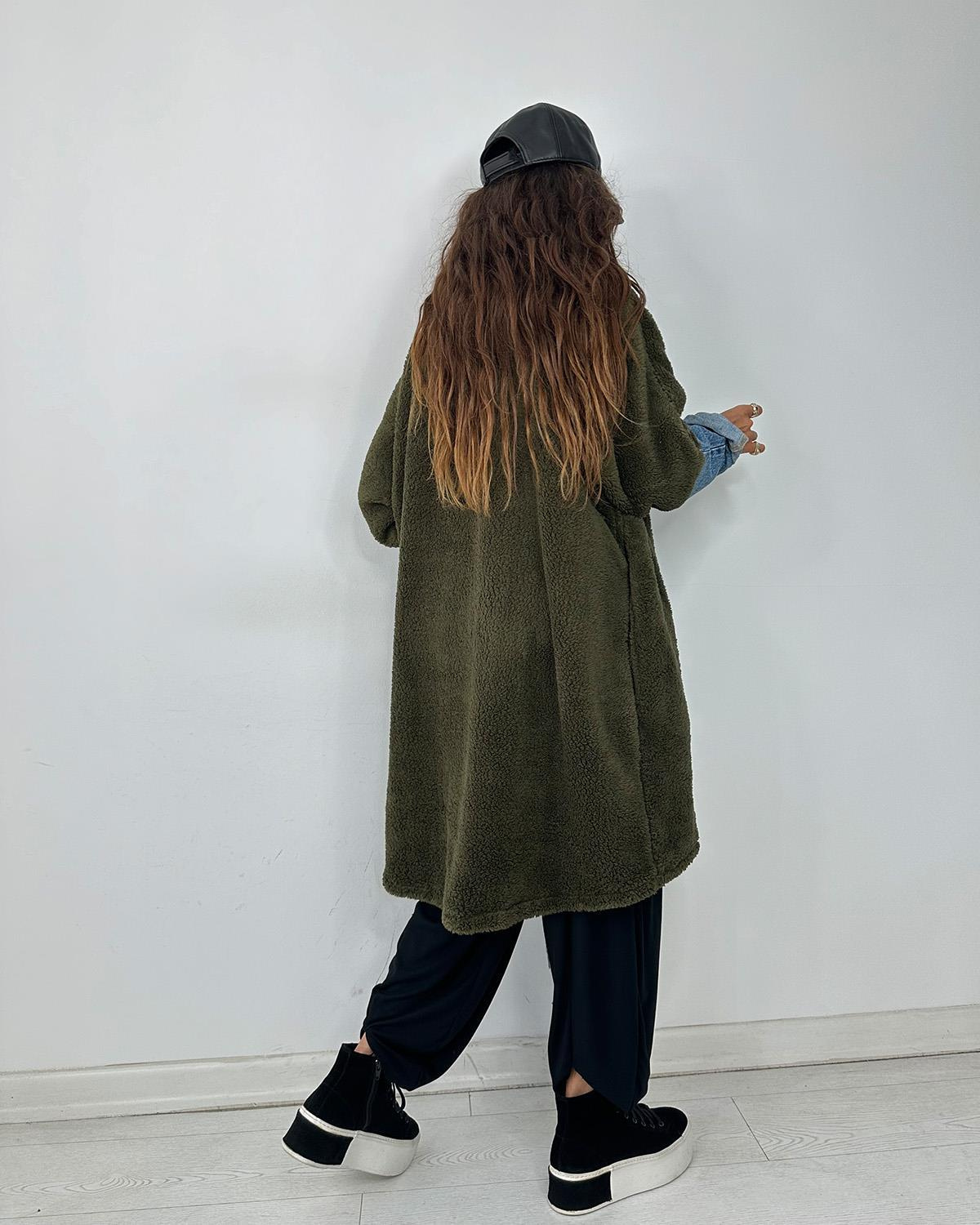 Kotlu Peluş Sweatshirt Haki