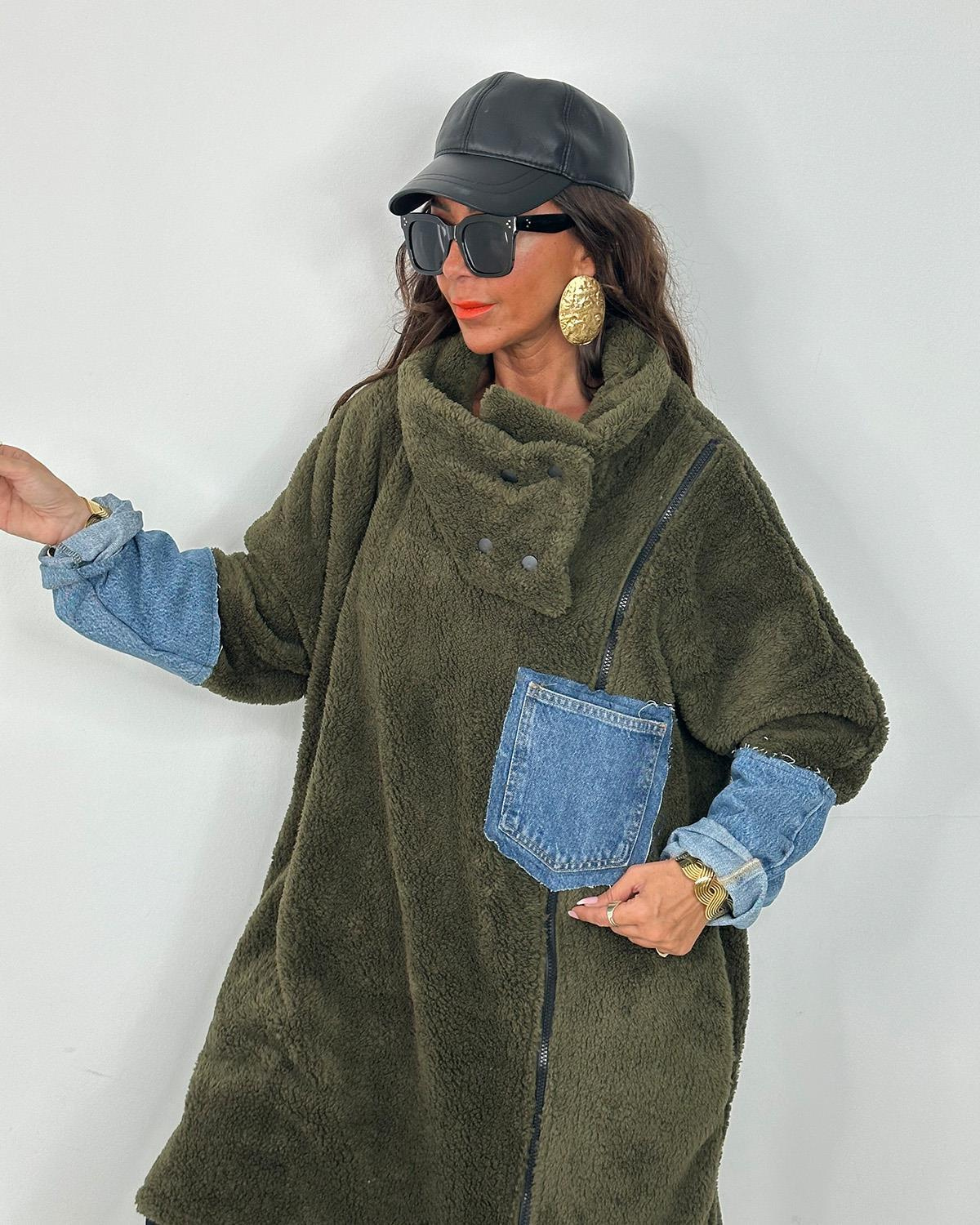 Kotlu Peluş Sweatshirt Haki