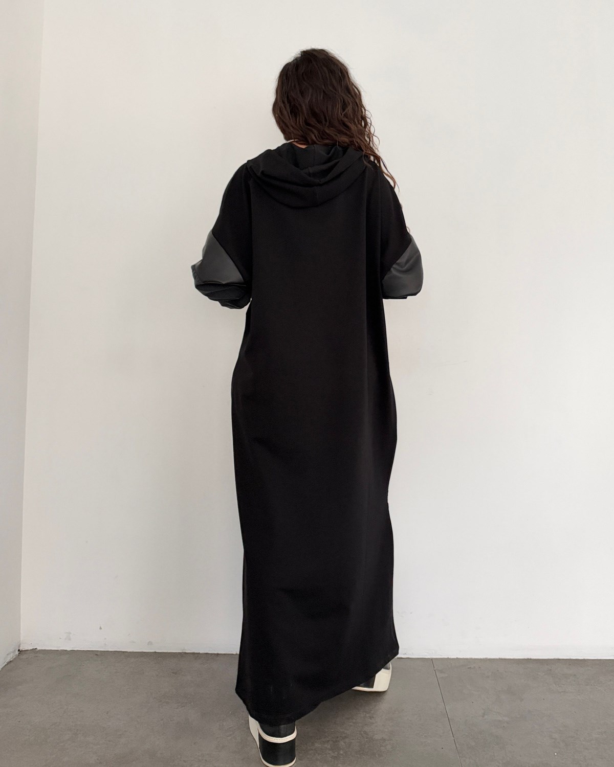 Laura Kolları Deri Ve Kot Detaylı Elbise Siyah