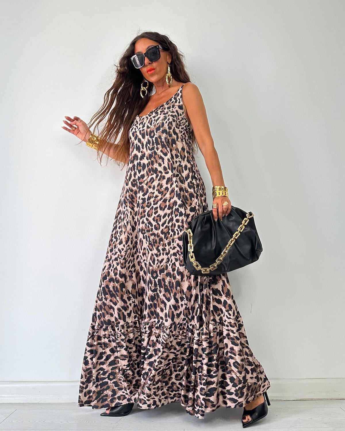 Leopar Askılı Elbise Kahve