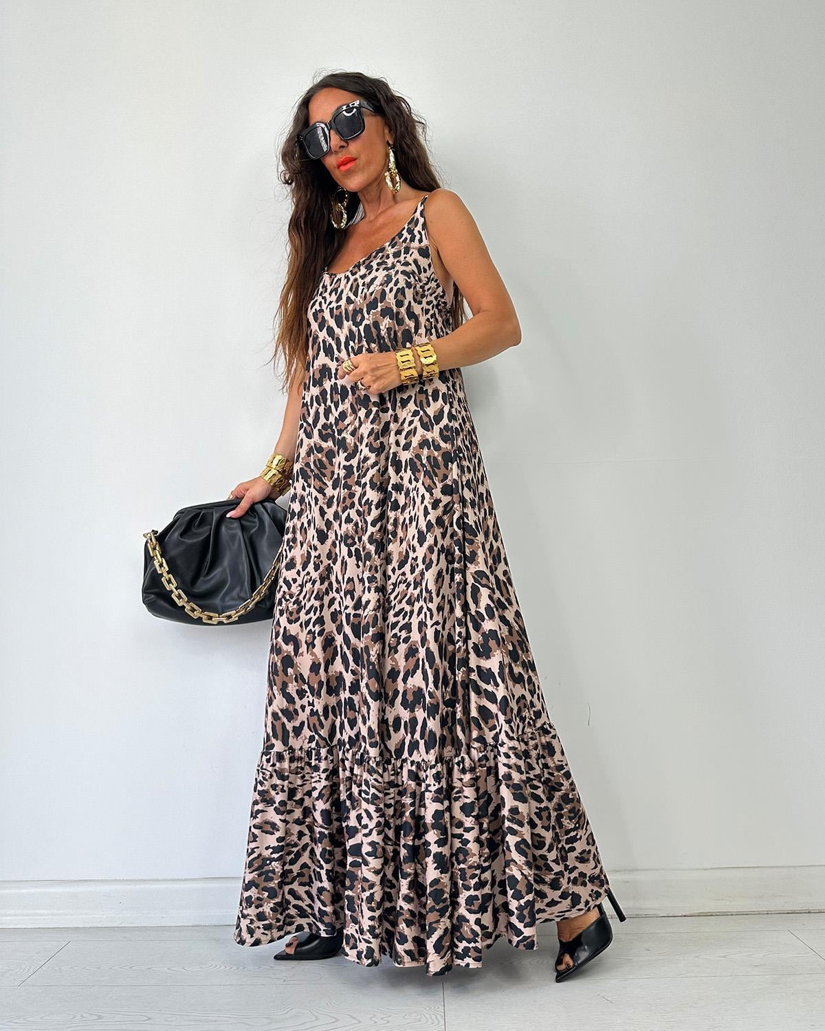 Leopar Askılı Elbise Kahve
