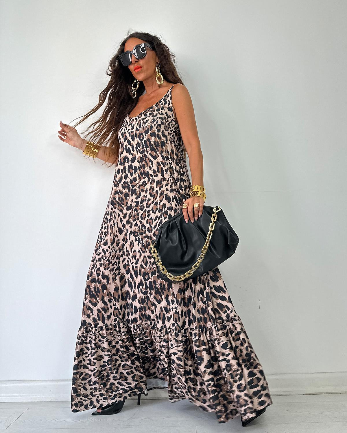 Leopar Askılı Elbise Kahve