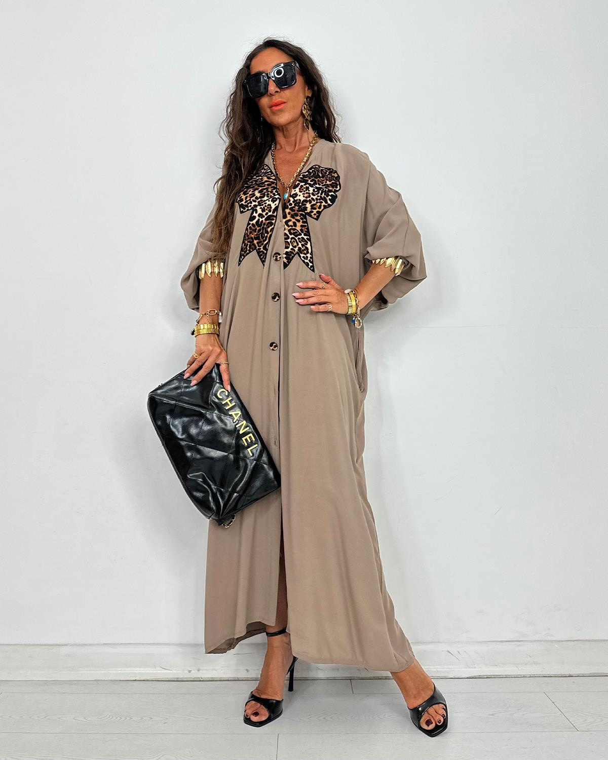 Leopar Fiyonklu Elbise Bej