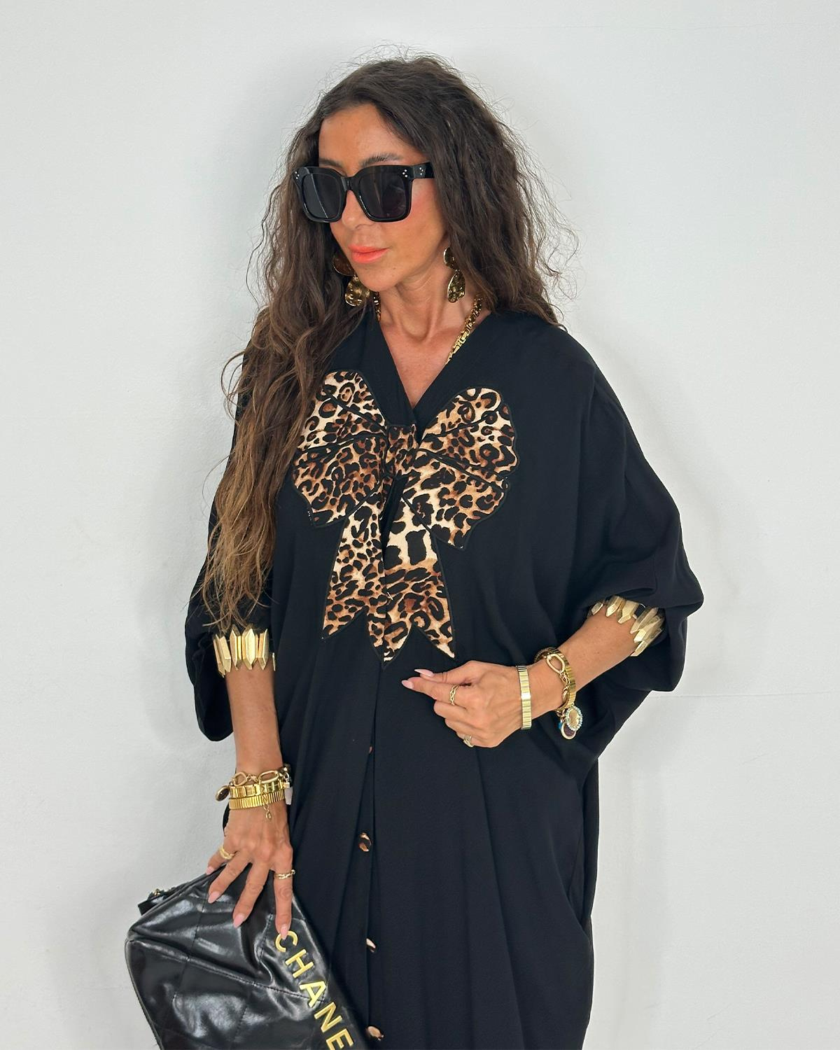 Leopar Fiyonklu Elbise Siyah