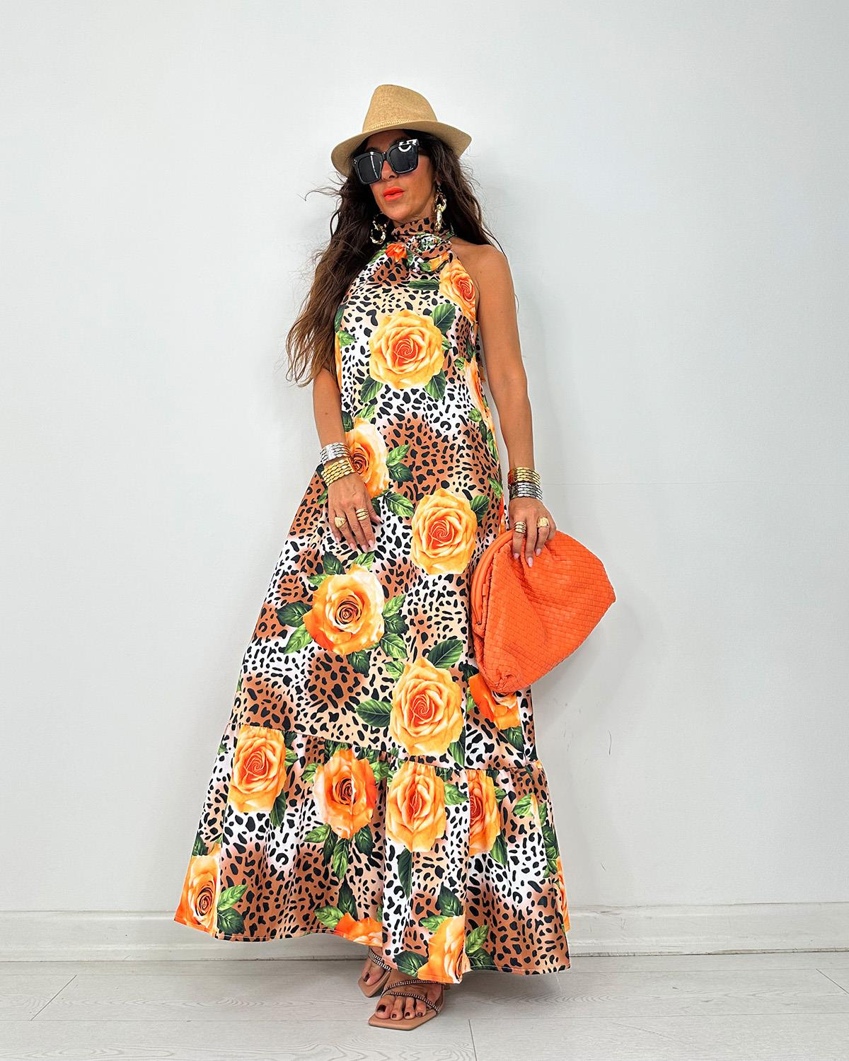 Leopar Güllü Elbise Orange