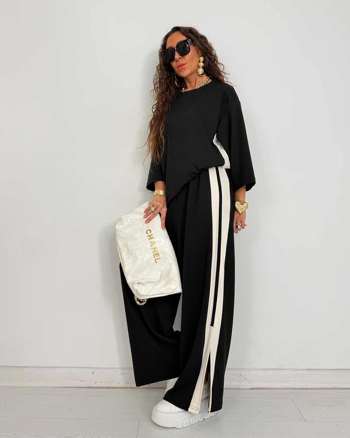 Maria Şeritli Takım Siyah
