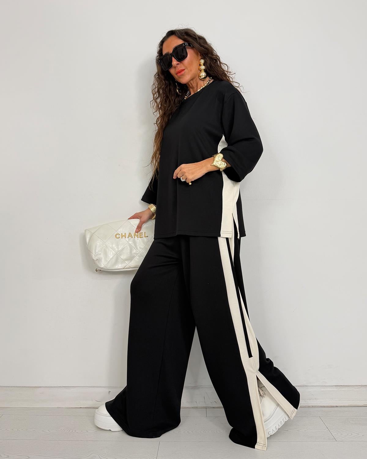Maria Şeritli Takım Siyah
