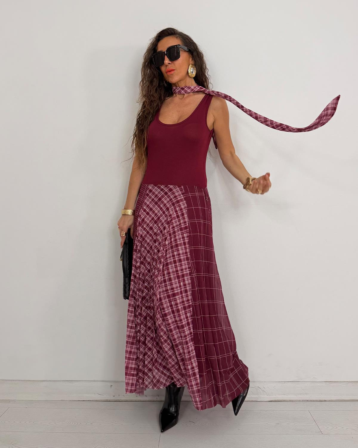 Merry Fularlı Elbise Bordo