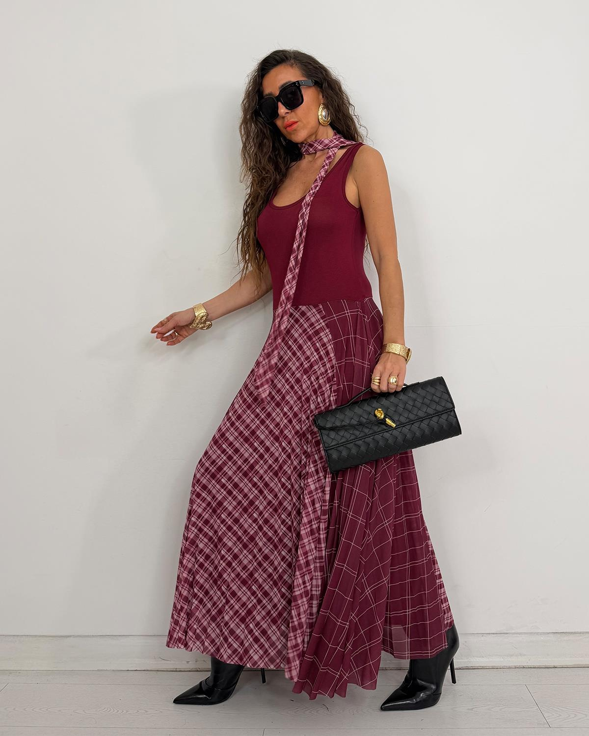 Merry Fularlı Elbise Bordo
