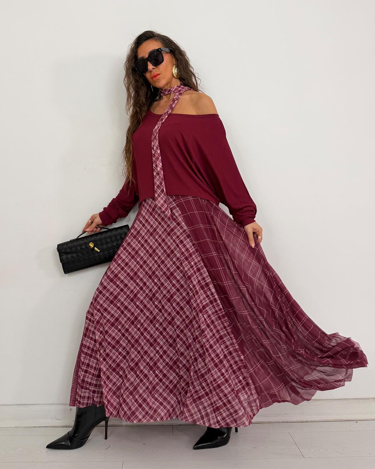 Merry Fularlı Elbise Bordo