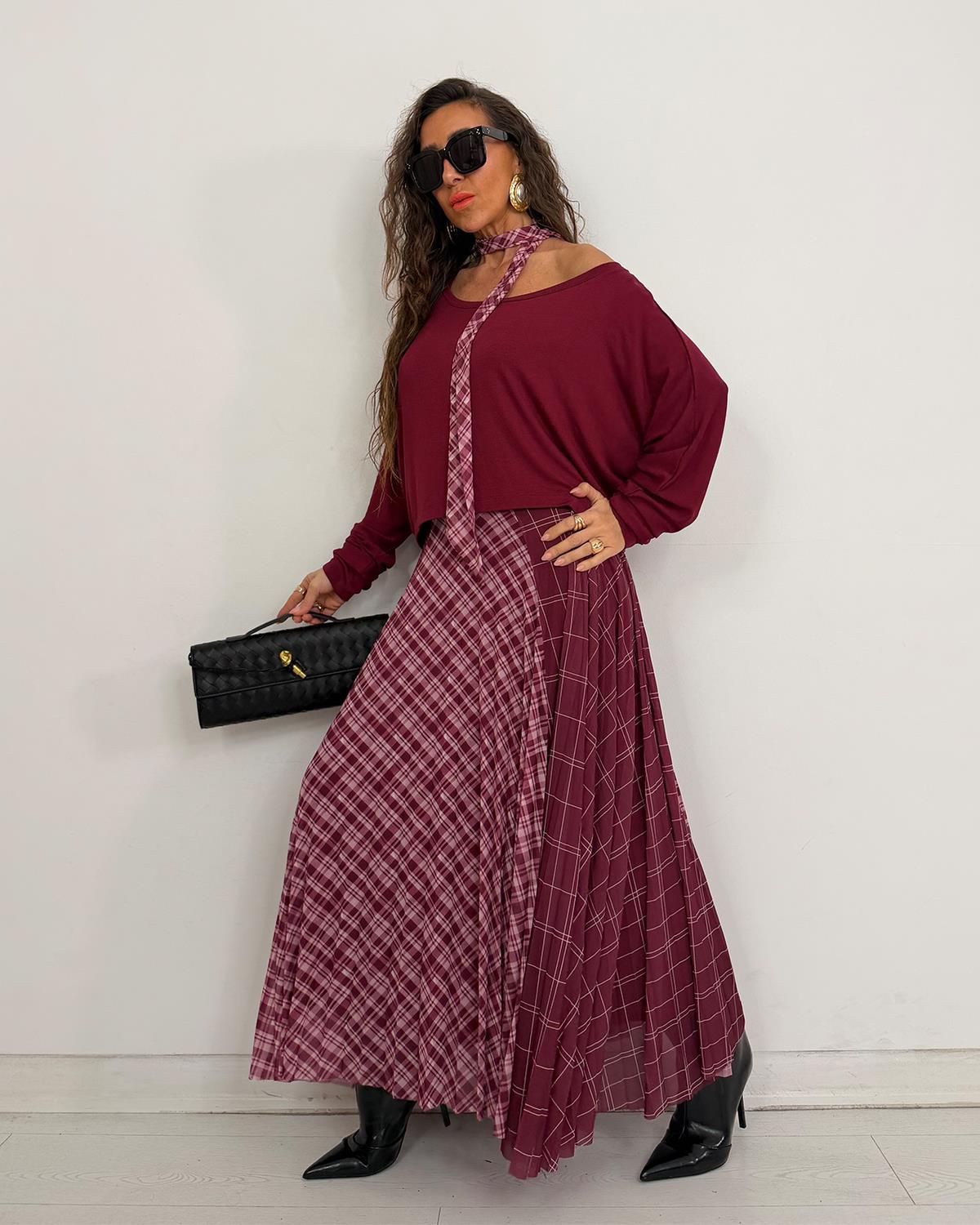 Merry Fularlı Elbise Bordo