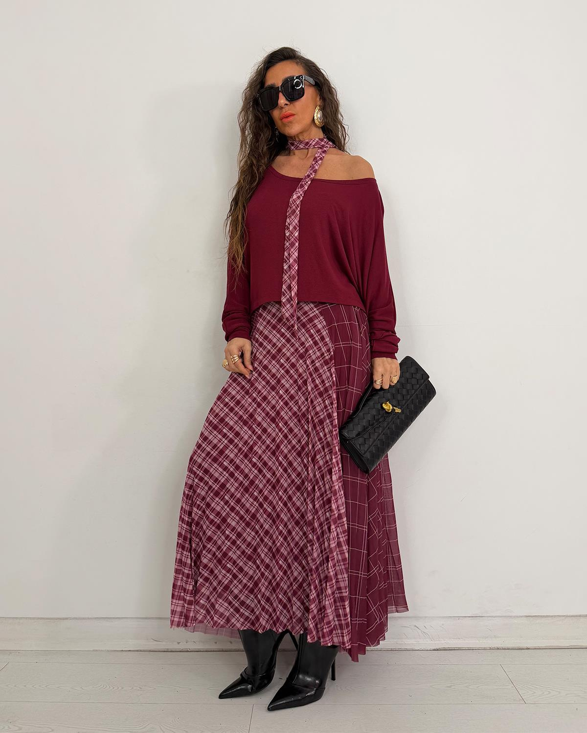 Merry Fularlı Elbise Bordo