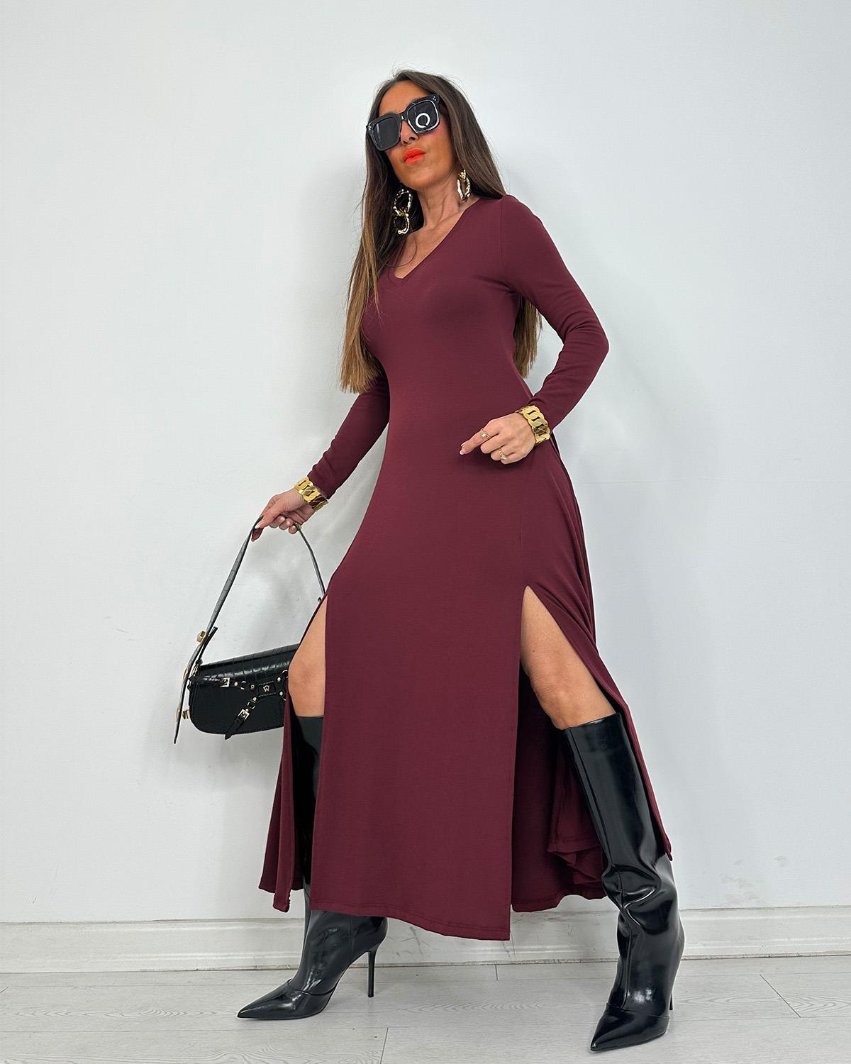 Miranda Çift Yırtmaçlı Elbise Bordo