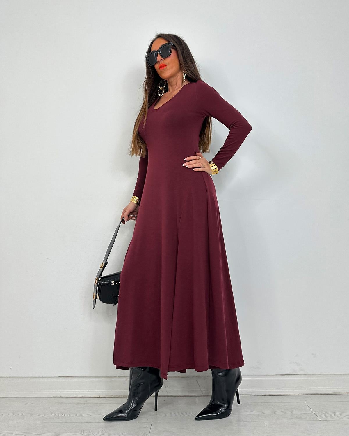 Miranda Çift Yırtmaçlı Elbise Bordo