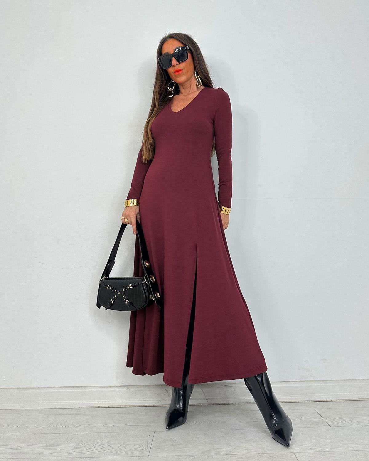 Miranda Çift Yırtmaçlı Elbise Bordo