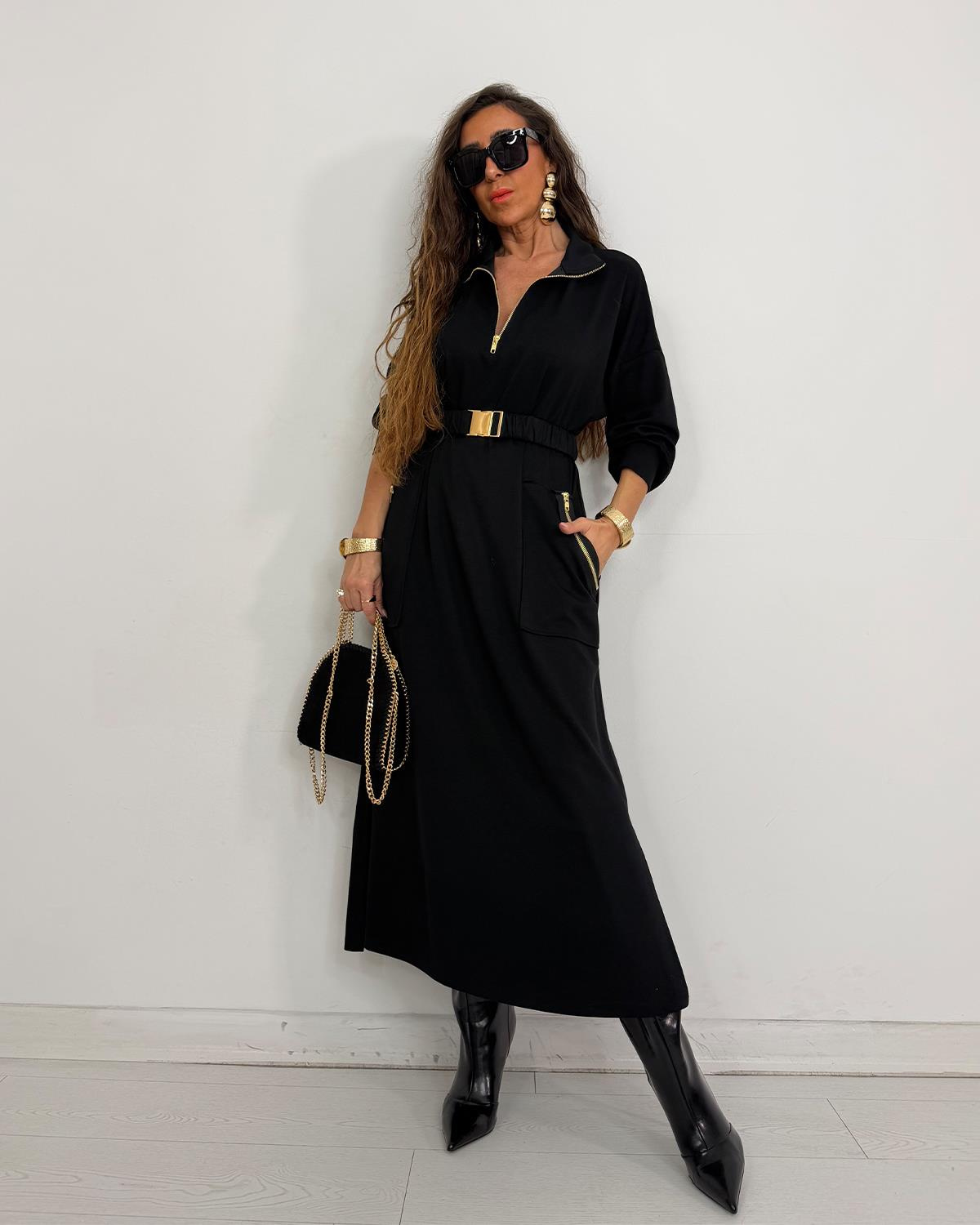 Monica Kemerli Elbise Siyah