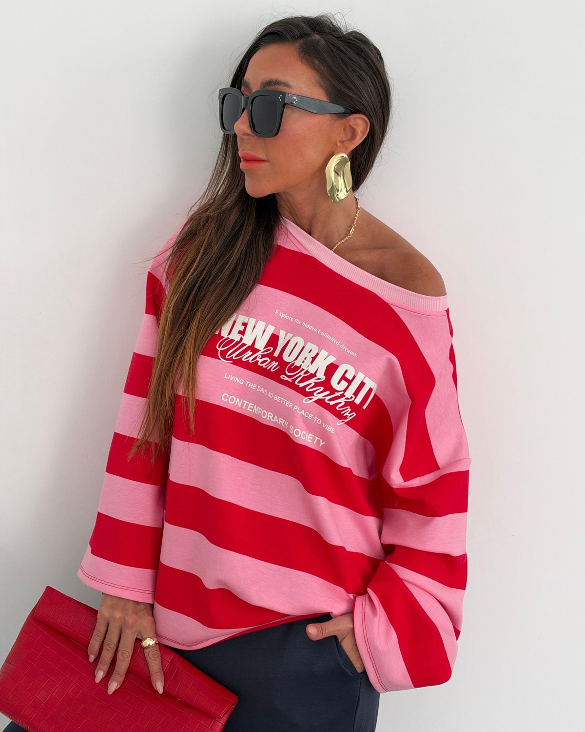 Newyork Çizgili Sweatshirt Pembe