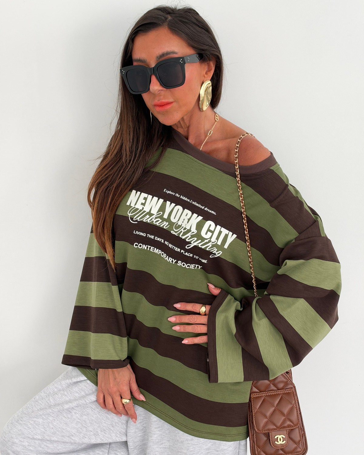 Newyork Çizgili Sweatshirt Yeşil