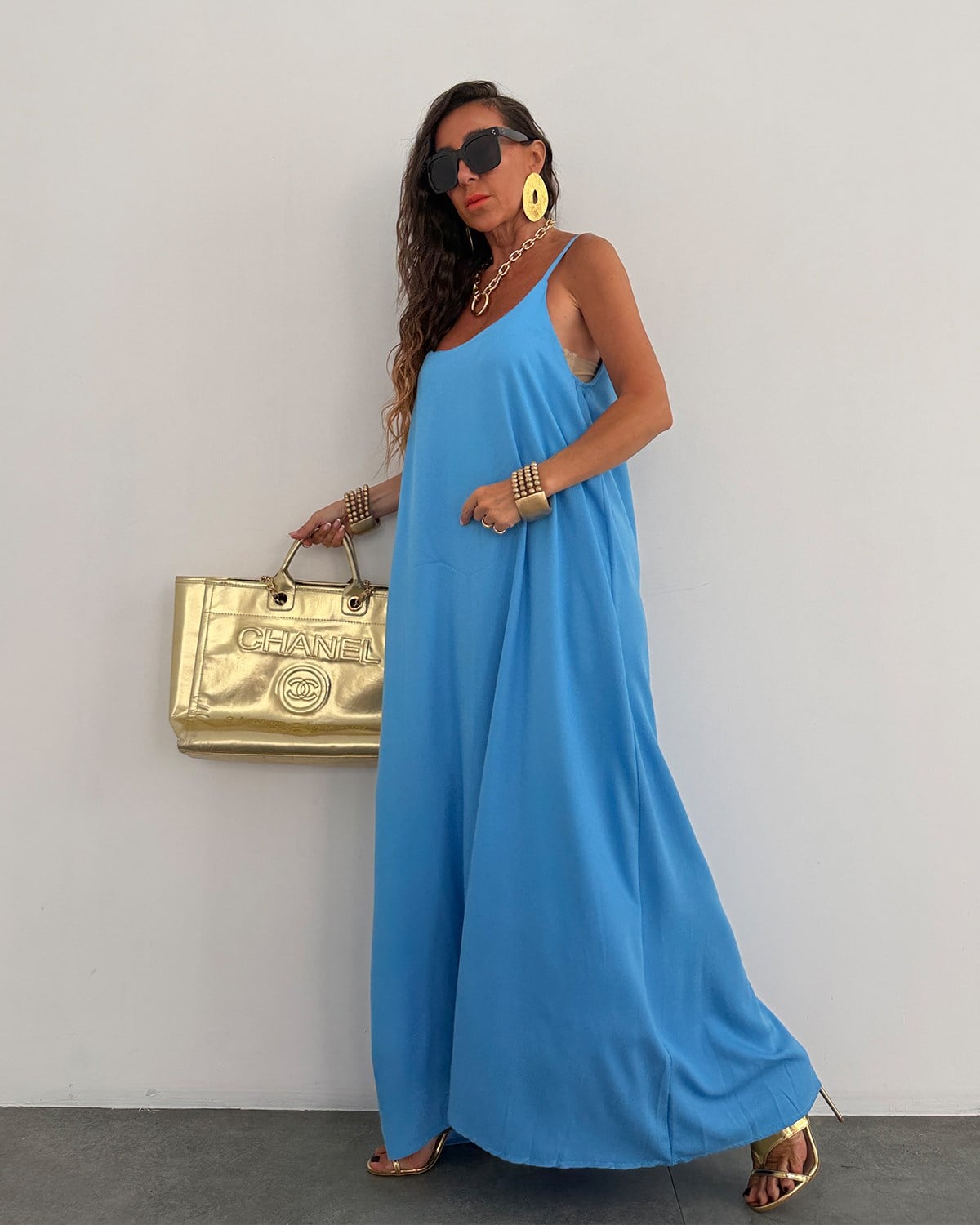 Palma Askılı Elbise Mavi