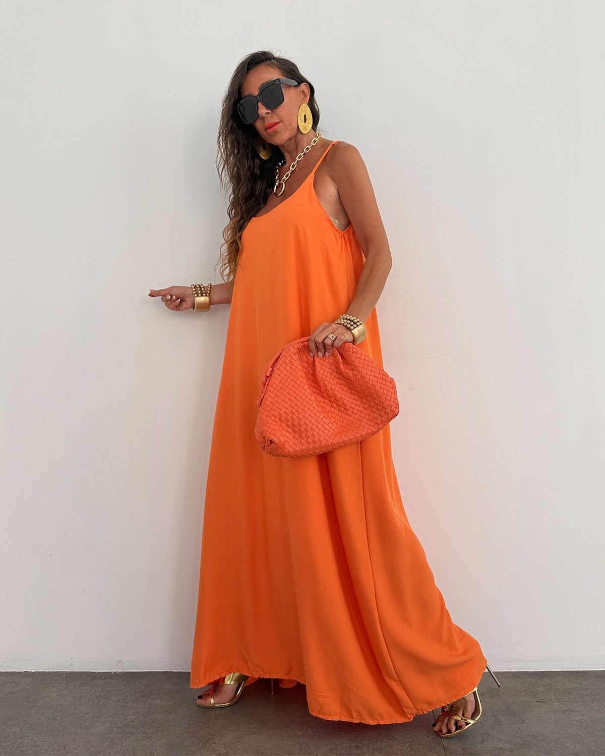 Palma Askılı Elbise Oranj