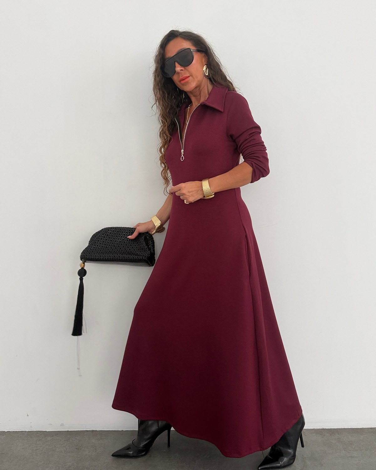 Piedro Yakası Fermuarlı Elbise Bordo