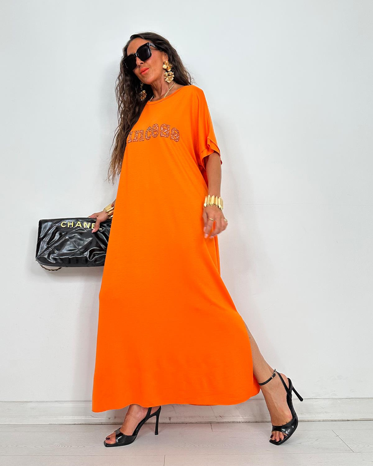 Prenses Taşlı Elbise Orange