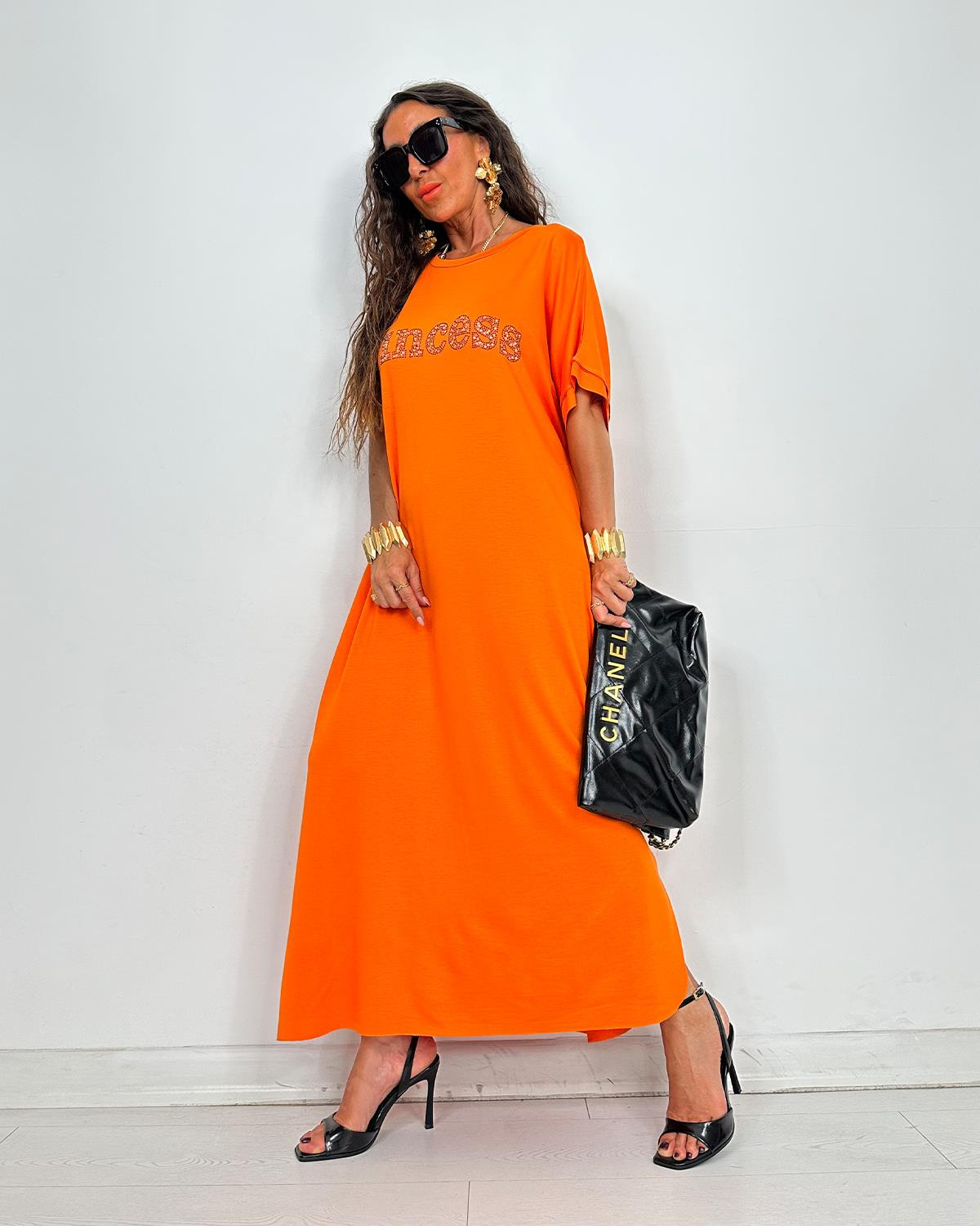 Prenses Taşlı Elbise Orange