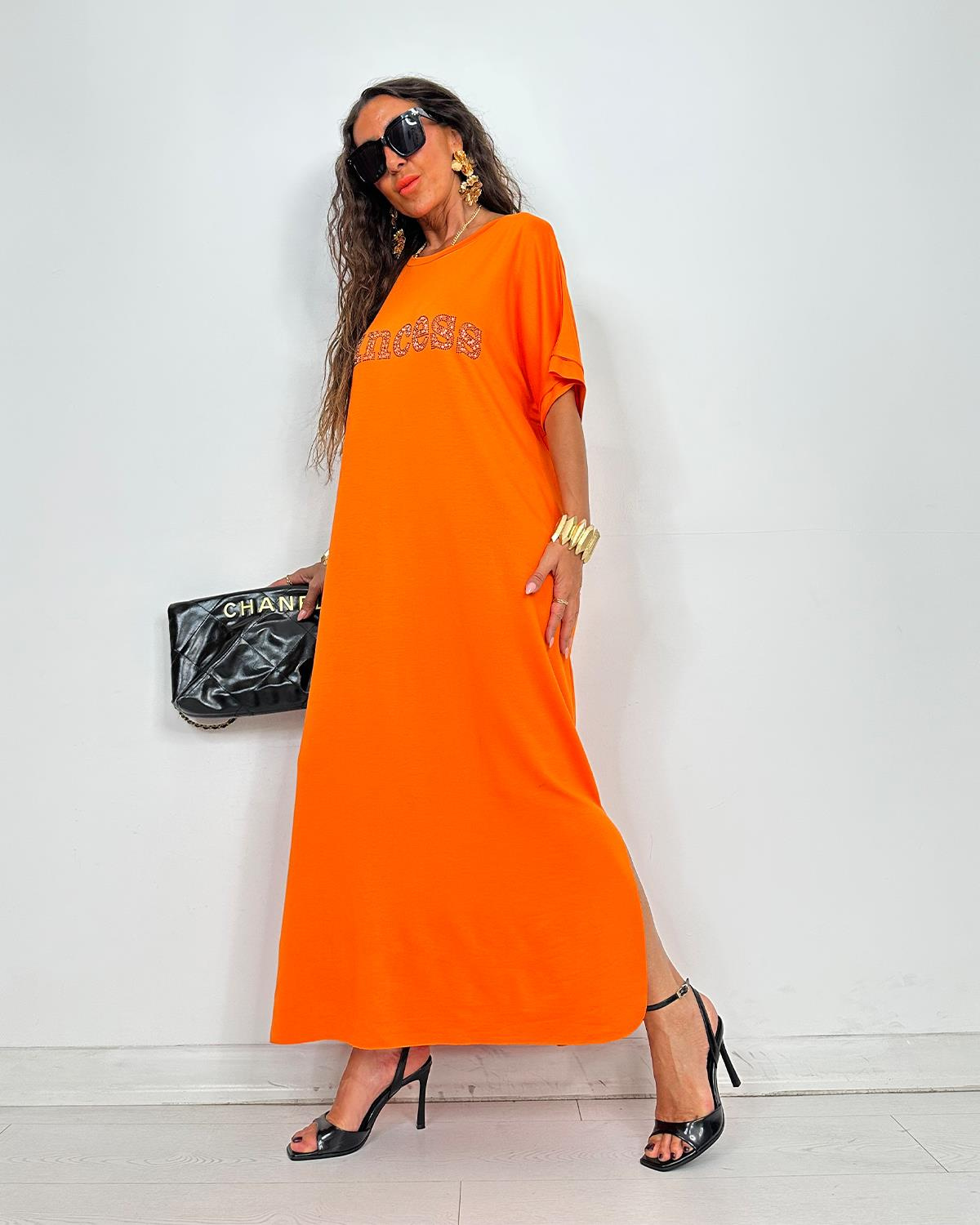Prenses Taşlı Elbise Orange