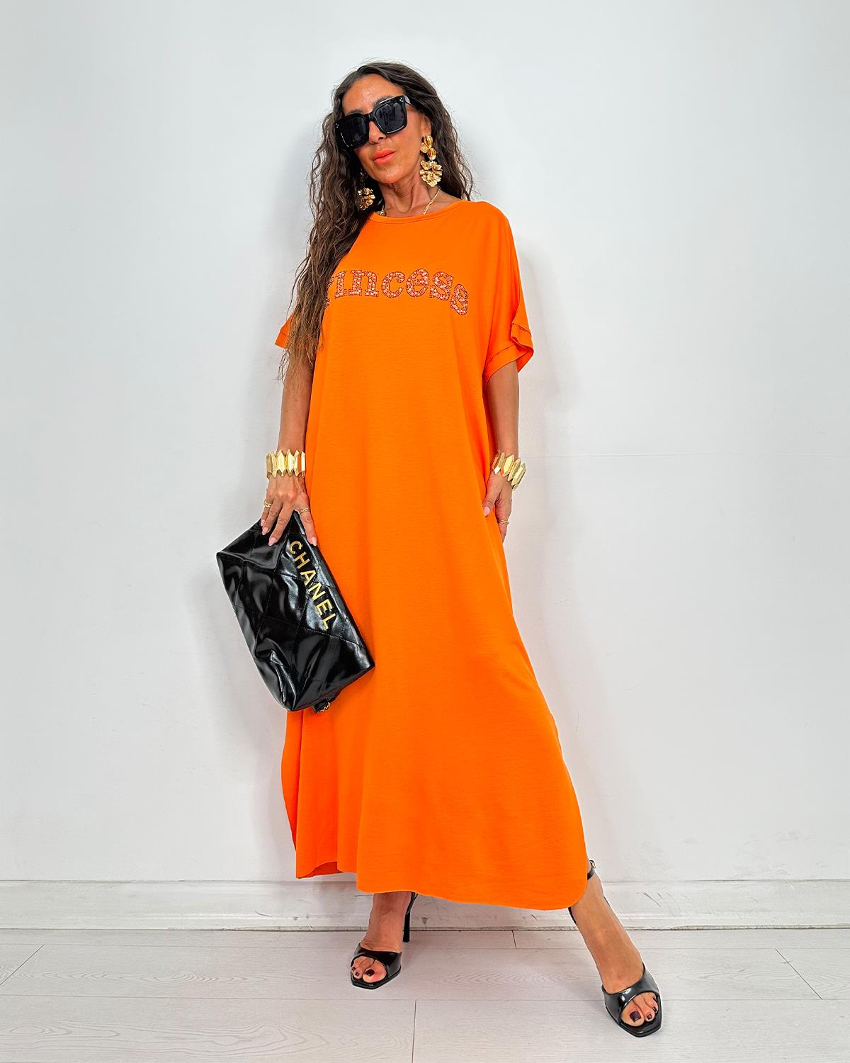 Prenses Taşlı Elbise Orange