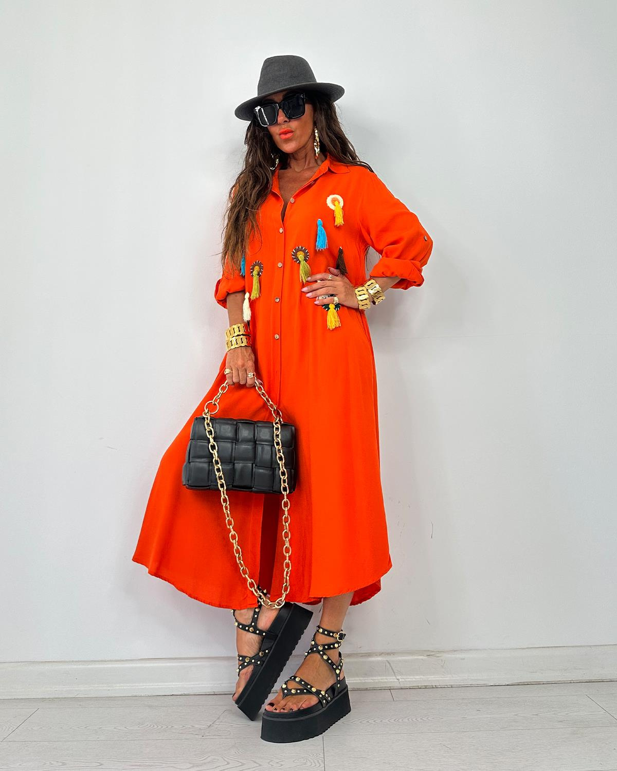 Püsküllü Gömlek Elbise Orange