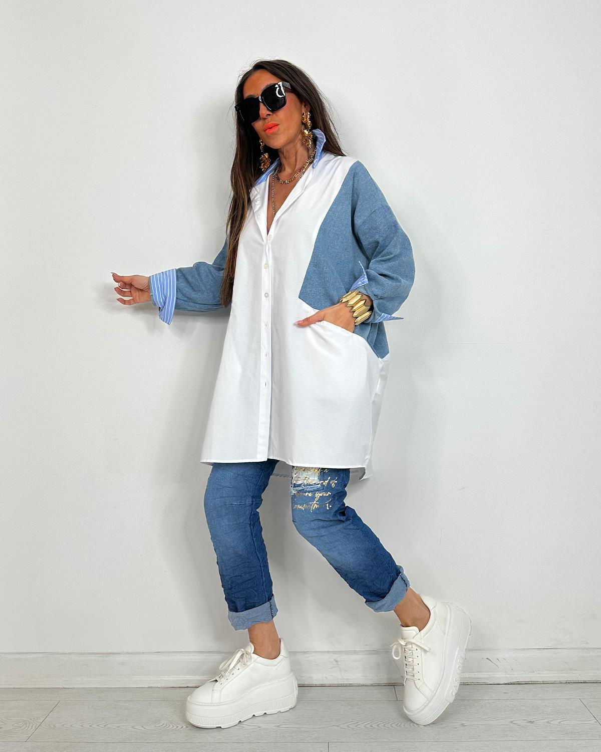 Sabrina Kotlu Gömlek Tunik Beyaz