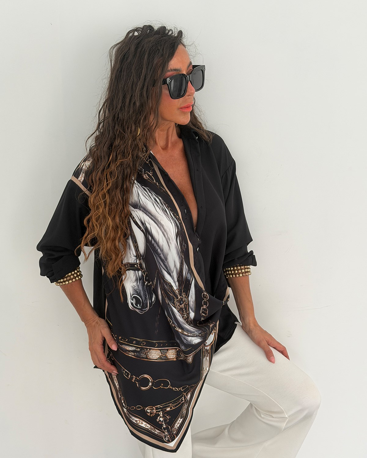 Sandra Gömlek Siyah At Baskılı