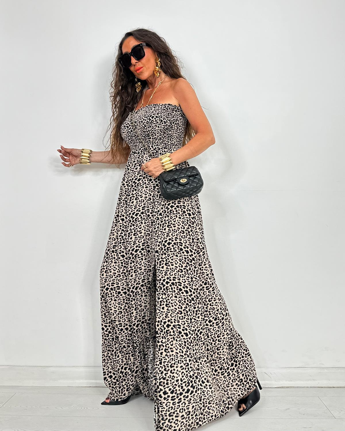 Serena Straplez Elbise Leopar