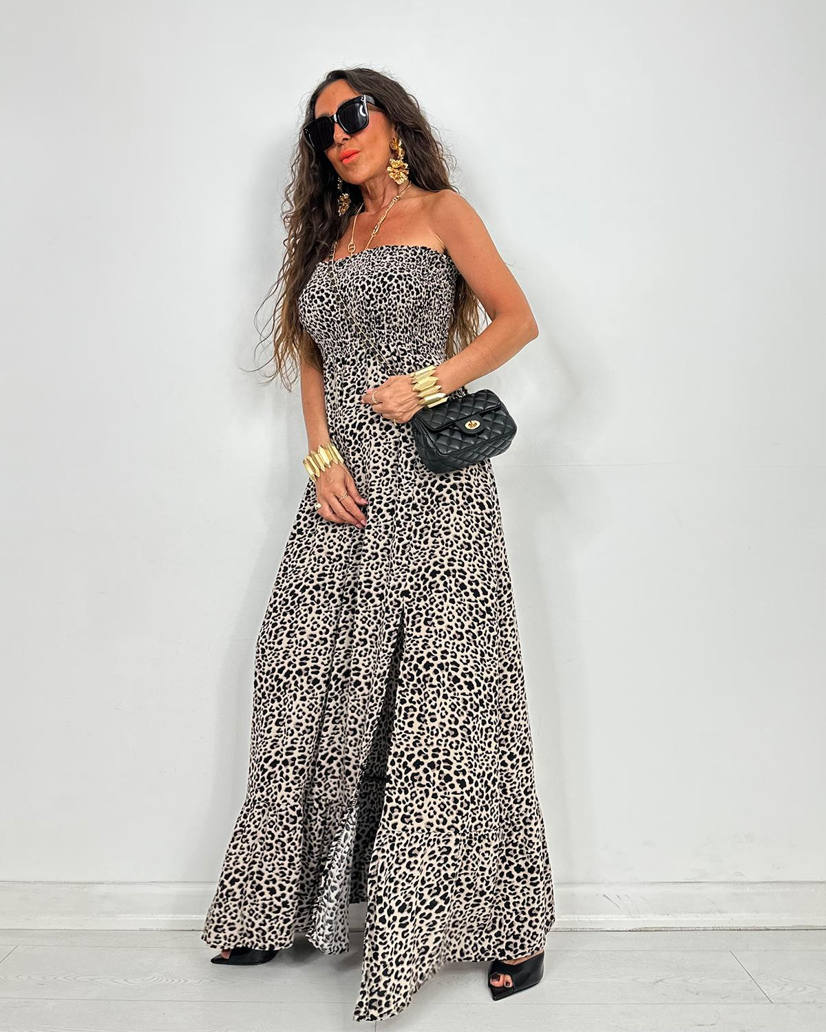 Serena Straplez Elbise Leopar