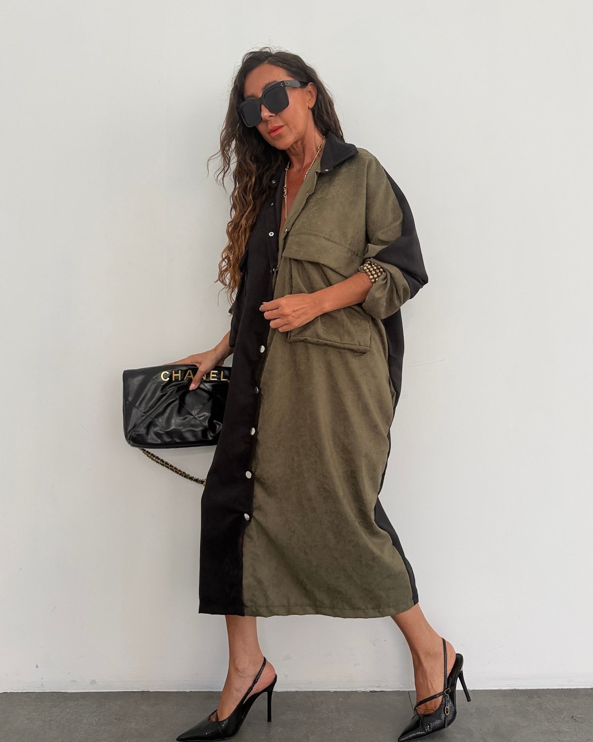 Stara Süet İki Farklı Renk Detaylı Gömlek Elbise Haki