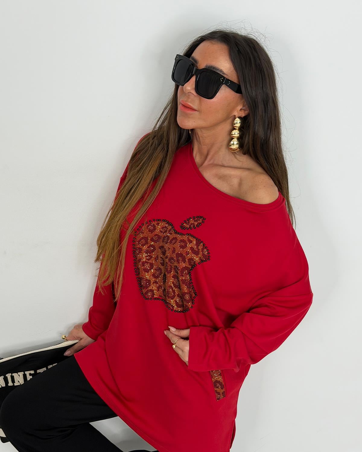 Taşlı Elmalı Tunik Kırmızı