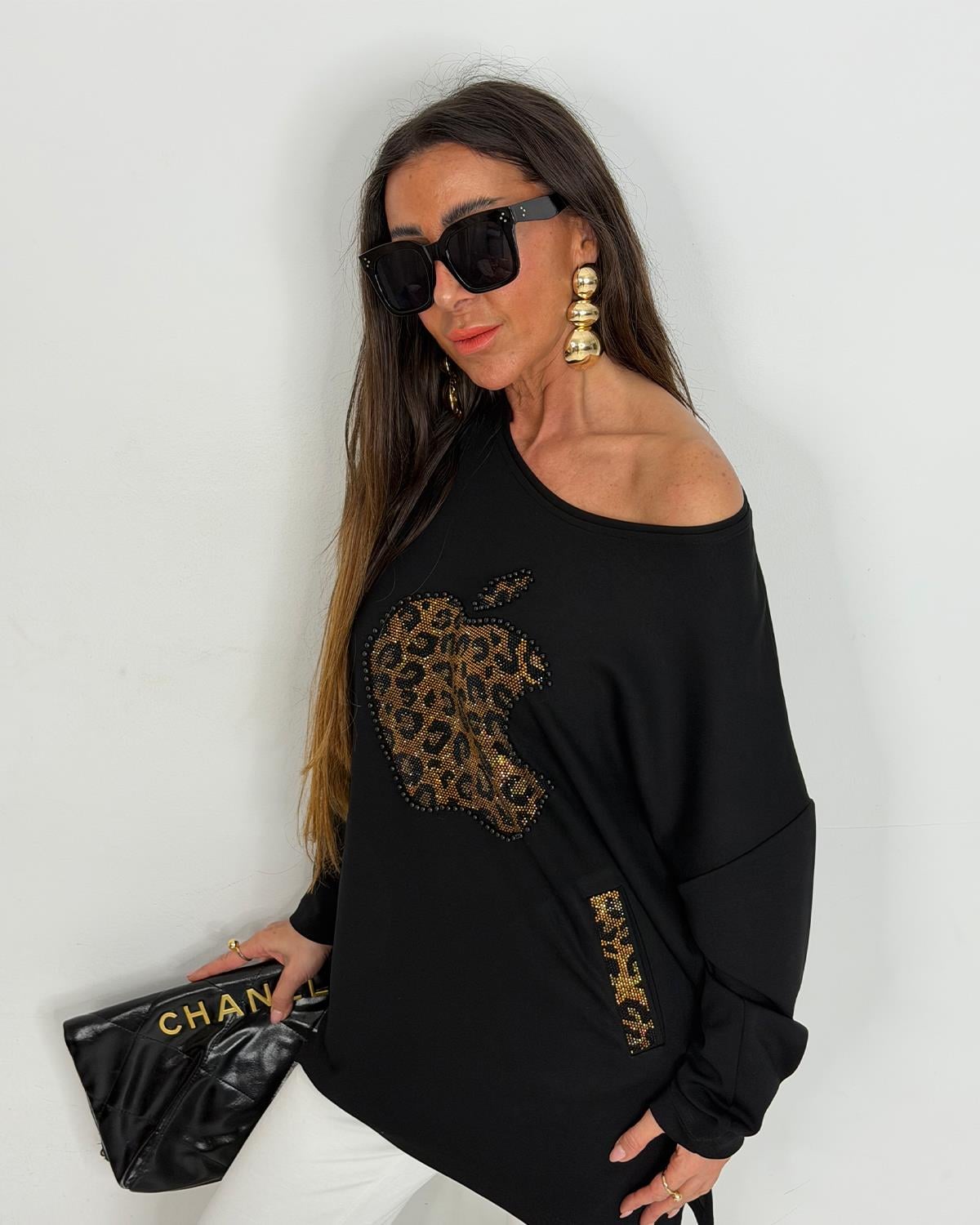 Taşlı Elmalı Tunik Siyah Gold