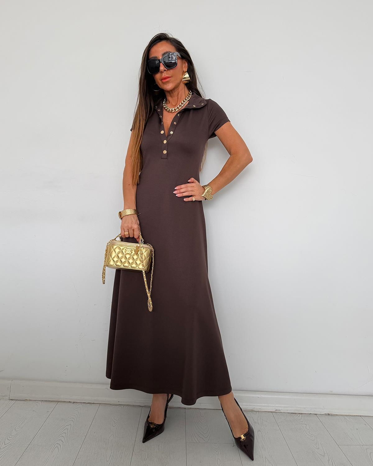 Tinos Çıtçıtlı Elbise Kahve