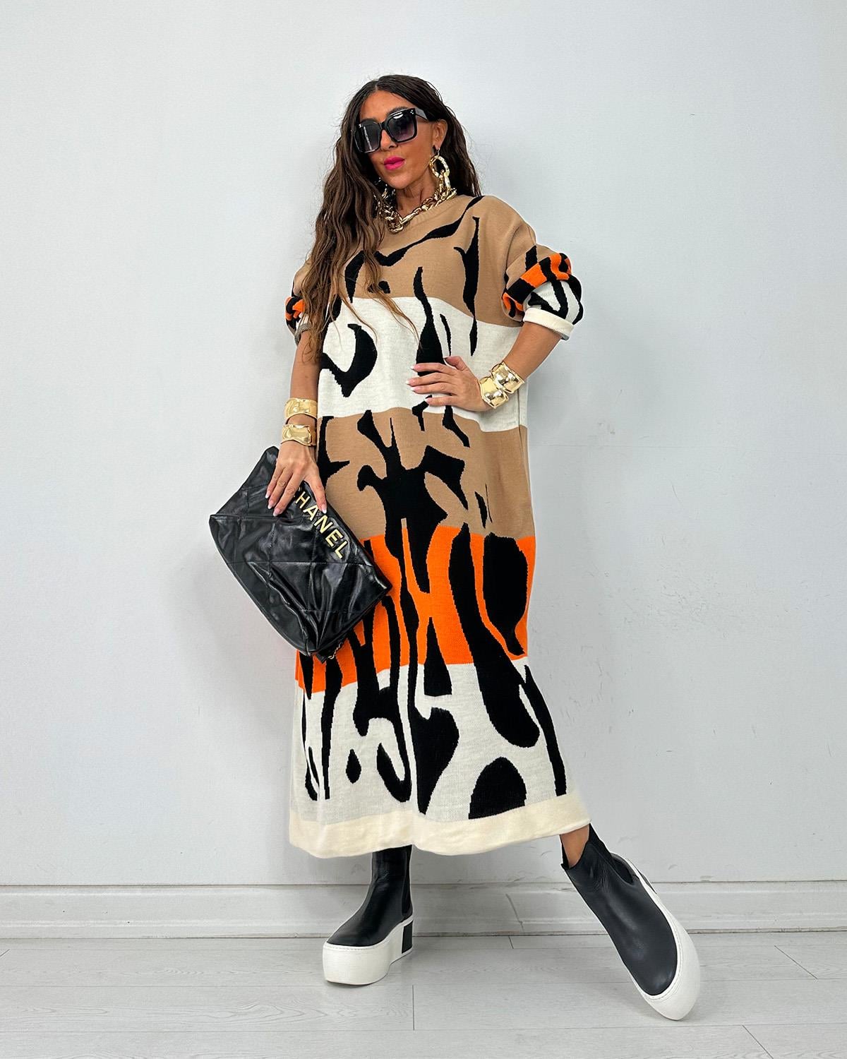 Triko Renkli Elbise Camel