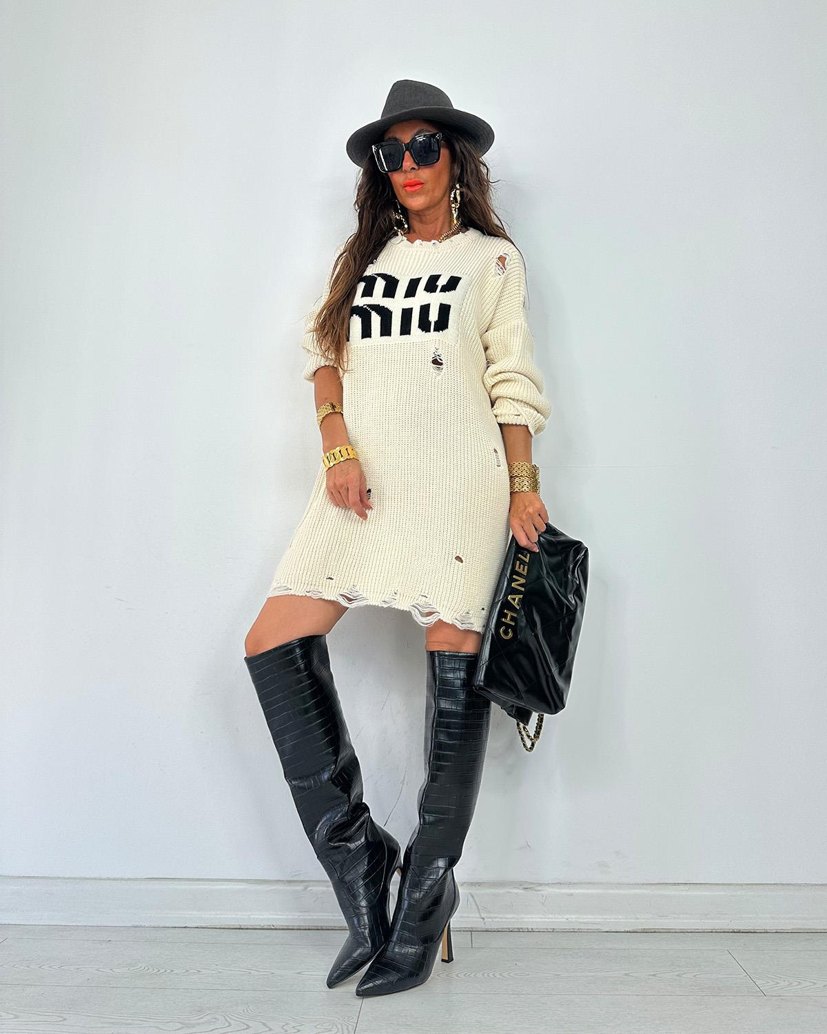 Triko Tunik Elbise Ekru