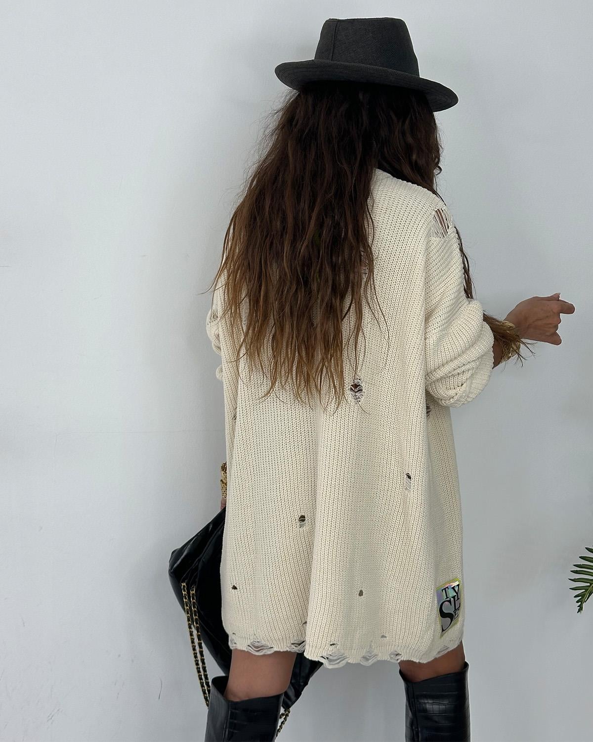 Triko Tunik Elbise Ekru