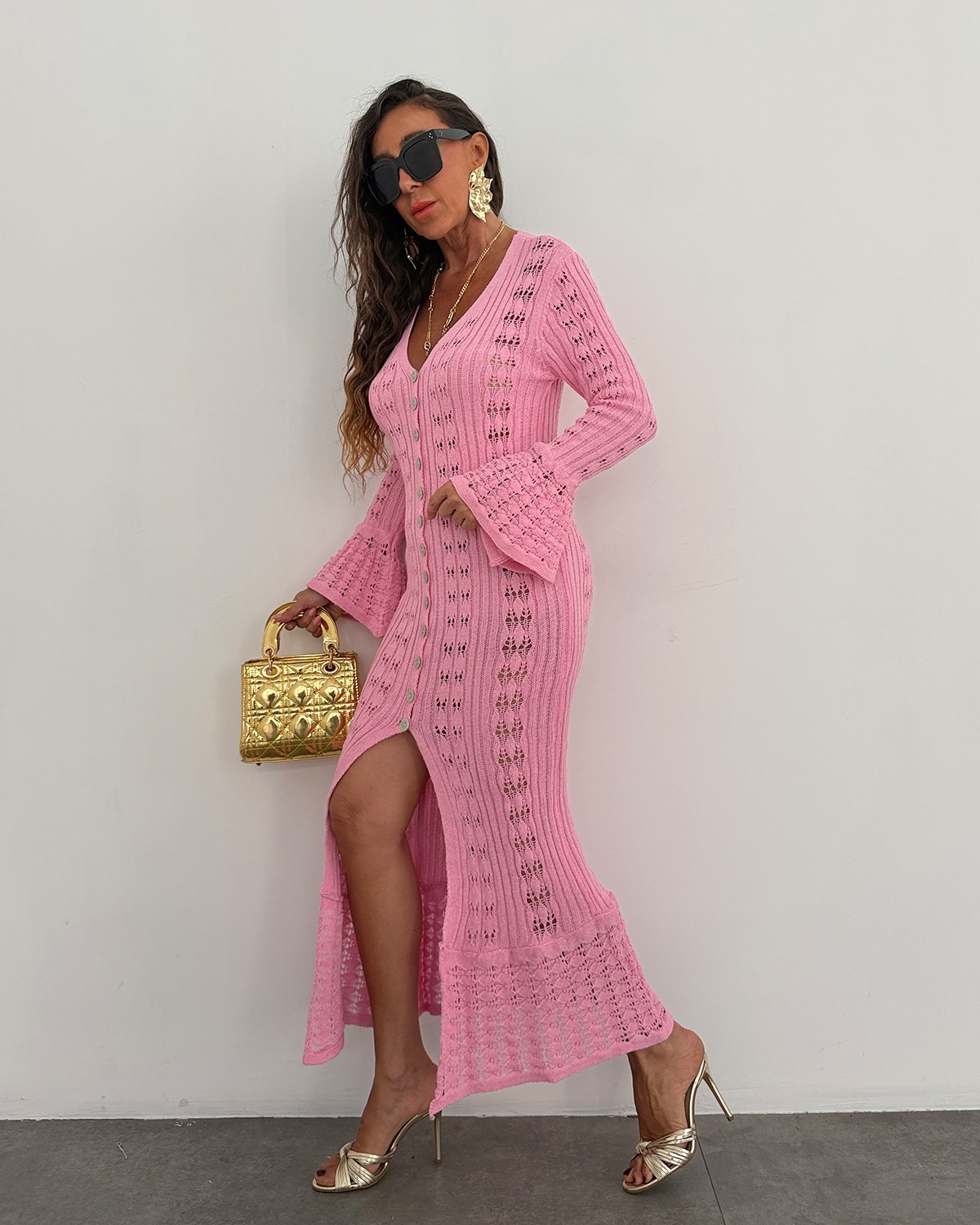 Vina Düğmeli Triko Elbise Pembe