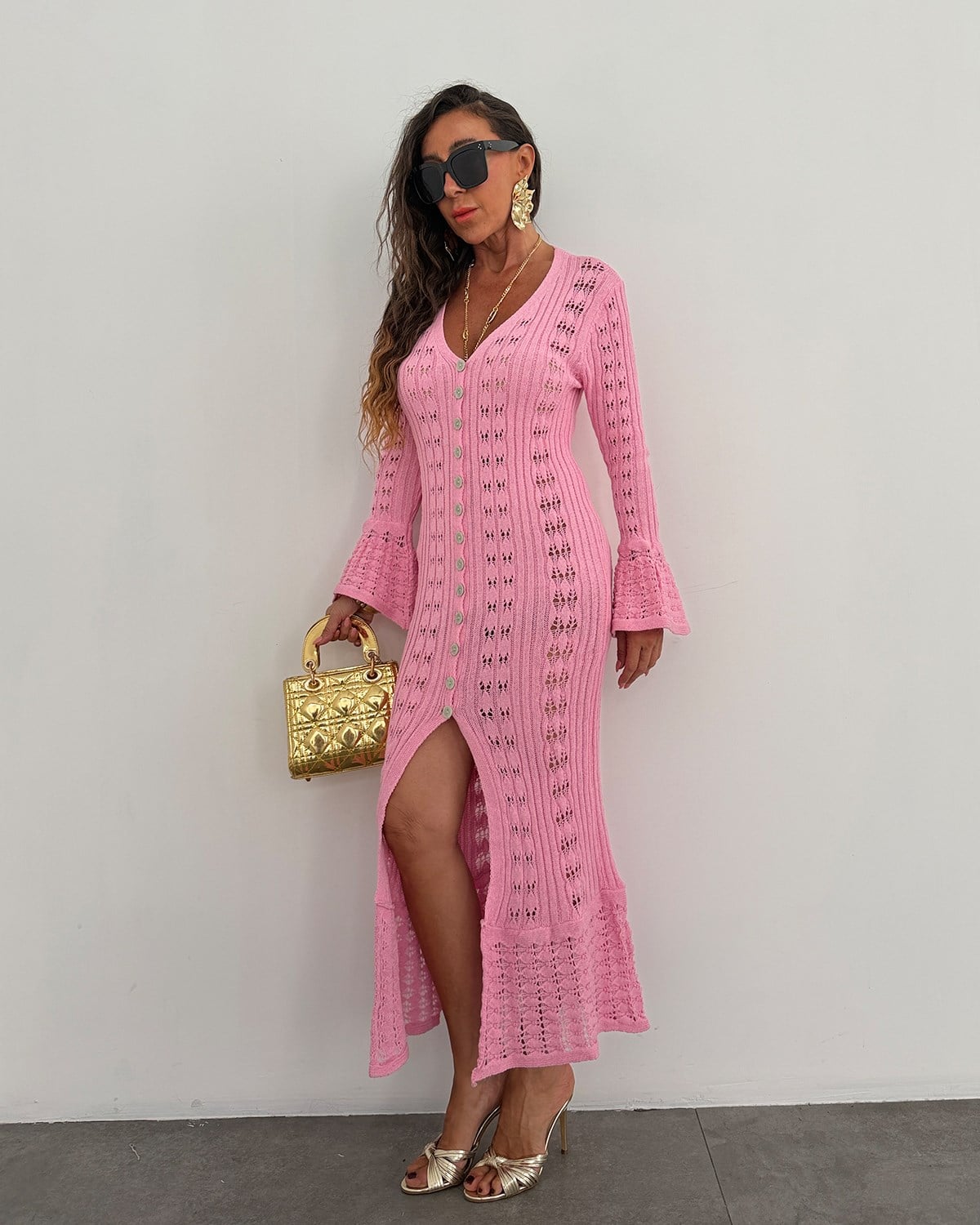 Vina Düğmeli Triko Elbise Pembe