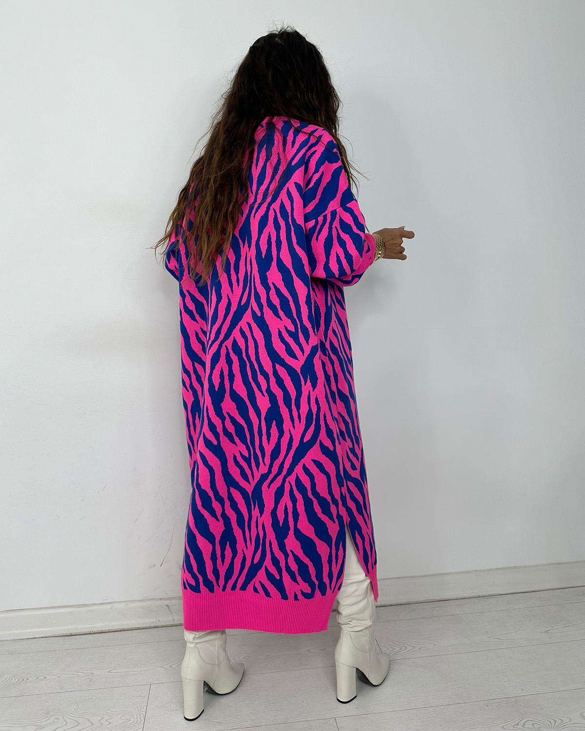 Zebra Triko Elbise Fuşya Saks