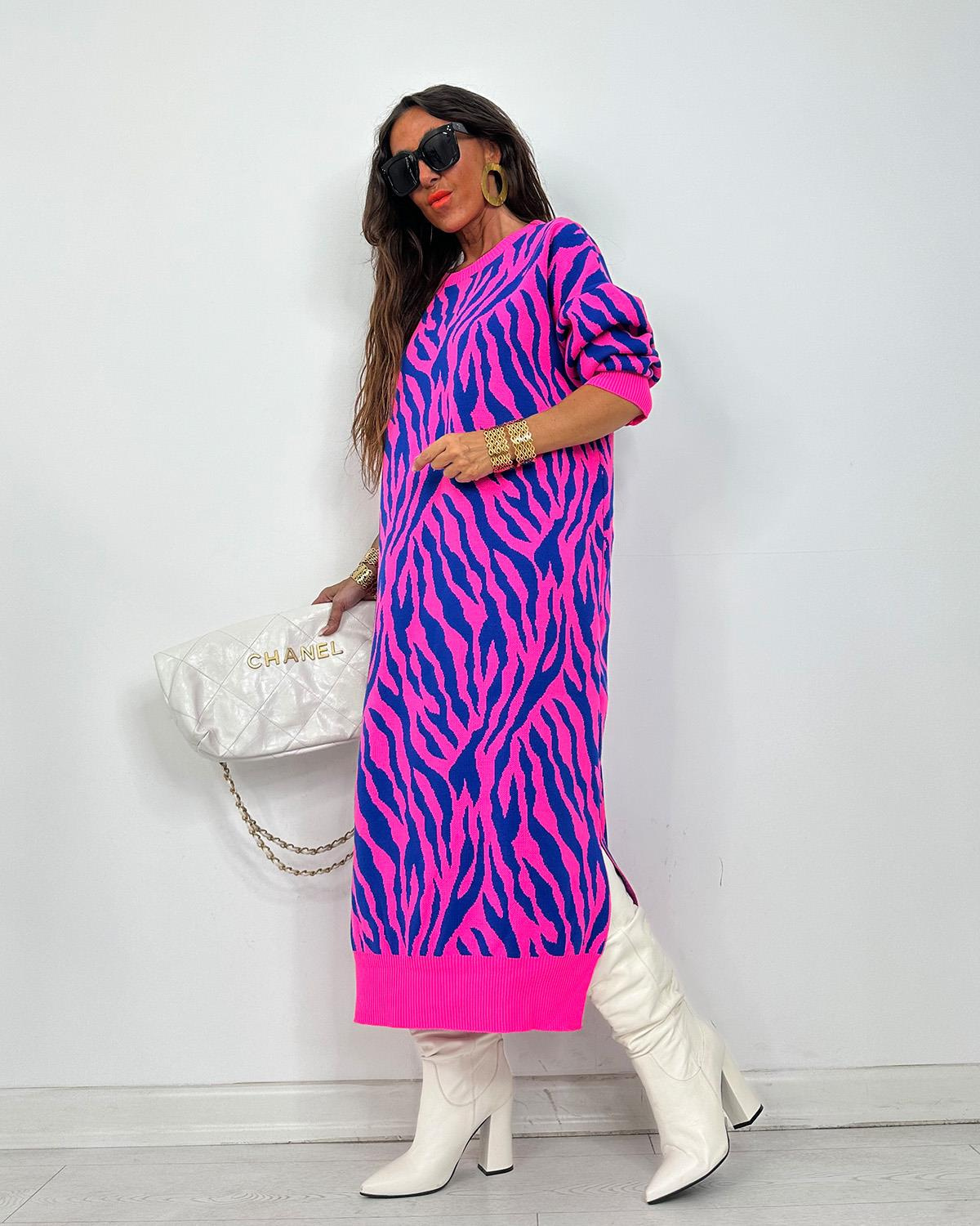 Zebra Triko Elbise Fuşya Saks