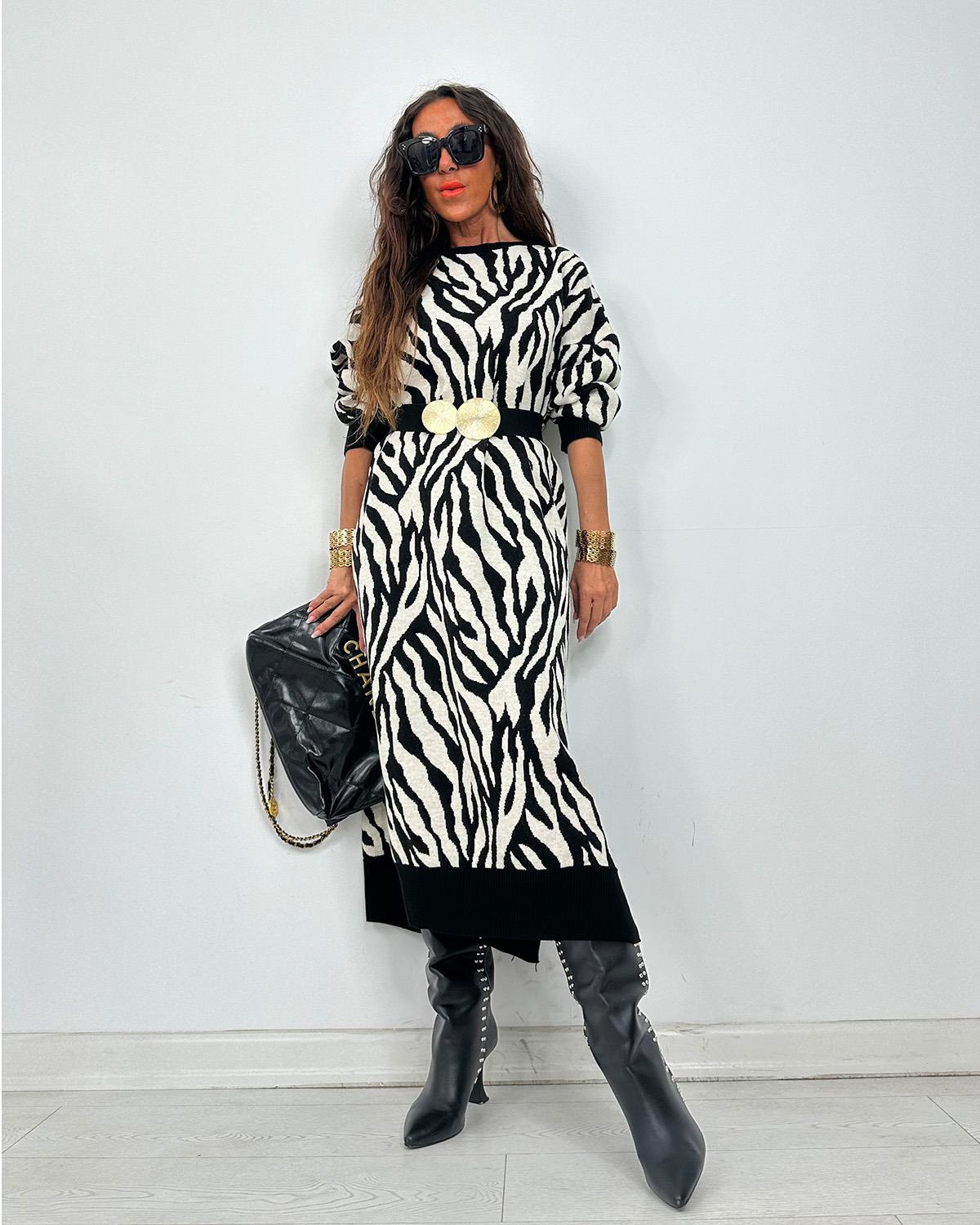 Zebra Triko Elbise Siyah Beyaz